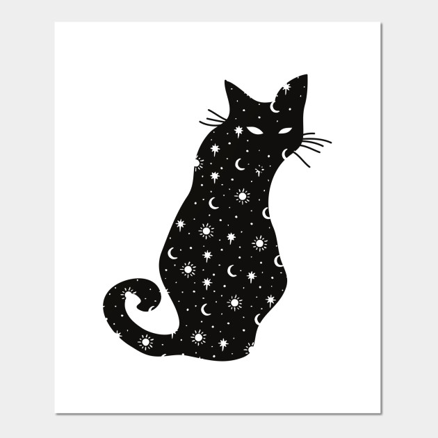 Black Cat Silhouette With Moon Sun And Stars Esoteric Cat Posters And Art Prints Teepublic