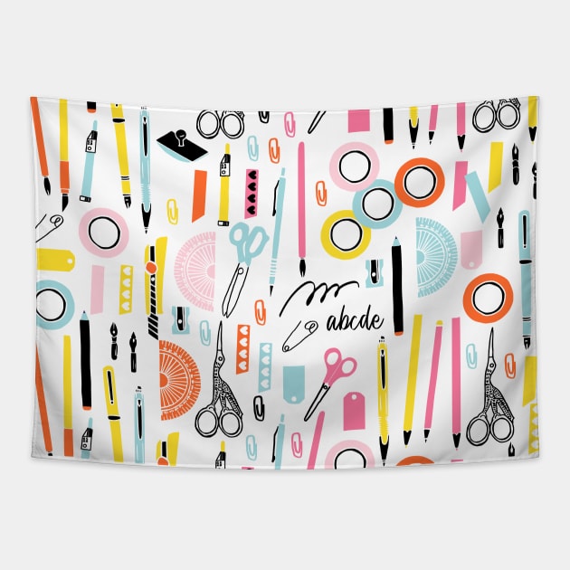 Cute Art Supplies with pens, pencils, scissors and washi tape Tapestry by kapotka