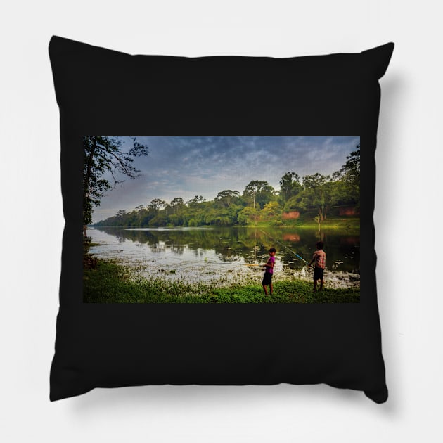 Cambodian kids fishing Pillow by dags