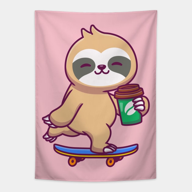Cute Sloth Skateboarding And Holding Coffee Skateboarding