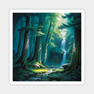 Little Green and Blue Forest Scene with a Waterfall Magnet