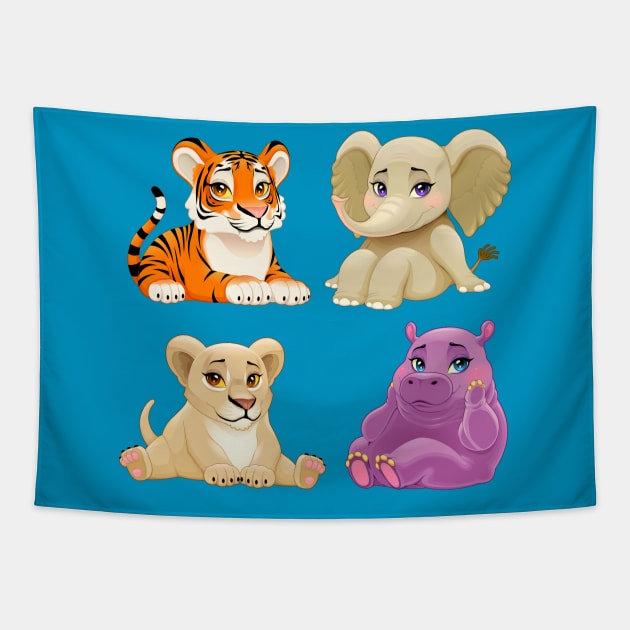 Baby Jungle animals with cute eyes Tapestry by ddraw