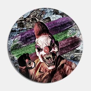 Evil clown holds a horn in his hand Pin