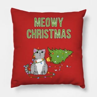 Meowy Christmas Gray Tabby Cat Knocked Over Xmas Tree Pillow