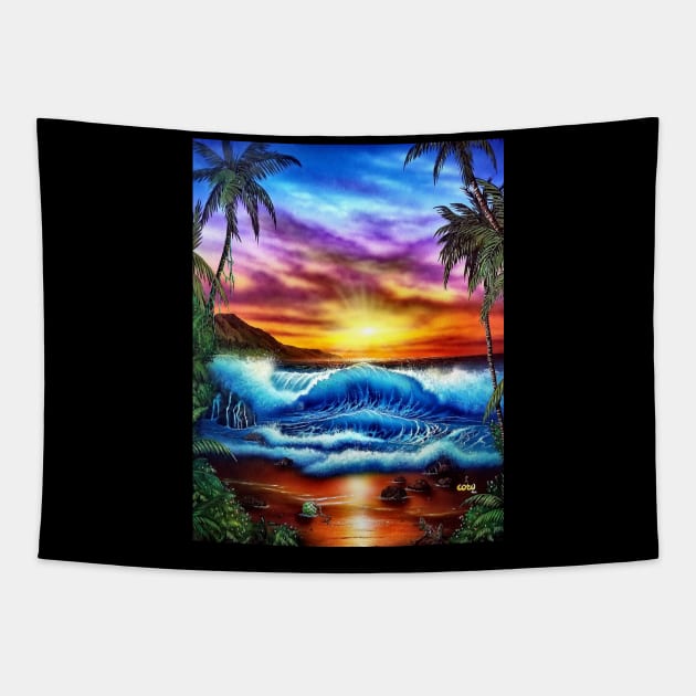 Hawaiian Hawaii seascape sunset Tapestry by Coreoceanart