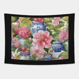 Camellia flowers and chinoiserie jars watercolor Tapestry