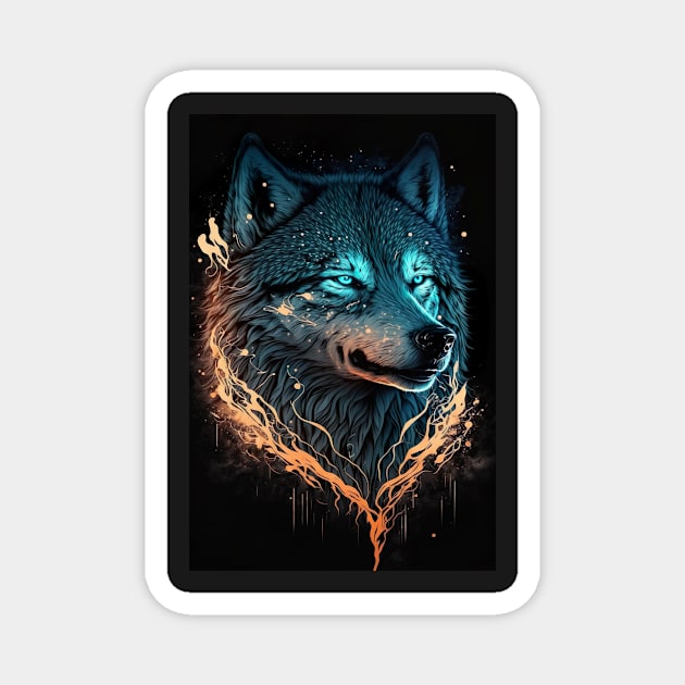 Cool Wolf portrait with teal and orange glow Magnet by KoolArtDistrict