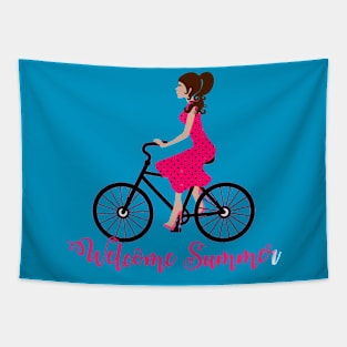 Welcome Summer Watermelon Dress Girl Bicycle Tapestry