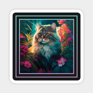 Gorgeous Maine Coon Cat Vibrant Tropical Flower Neon Digital Oil Painting Pet Portrait Magnet