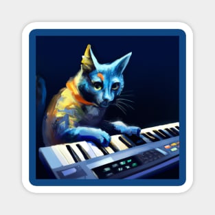 Blue Cat Playing Keyboard in a Synth Wave Band Magnet