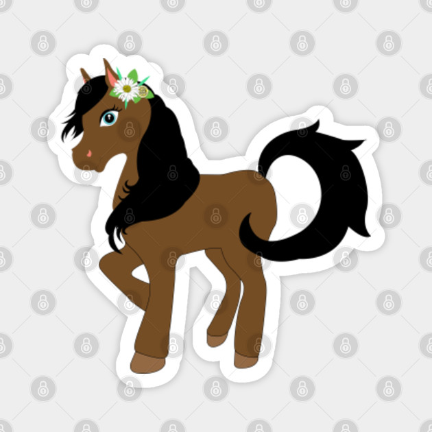 Brown Pony Cute Baby Girl Horse With Long Black Hair And Blue Eyes Puts Chamomile Flower On Its Head Brown Horse Magnet Teepublic De