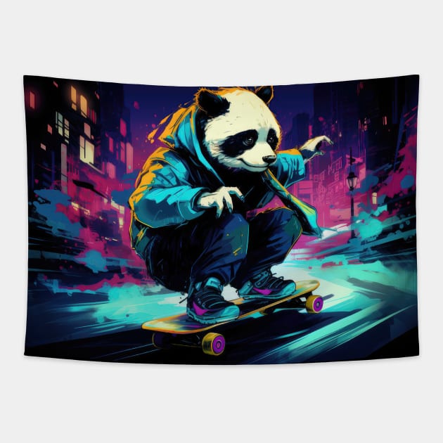 Neon Panda: Skateboard Streets Tapestry by MerlinArt