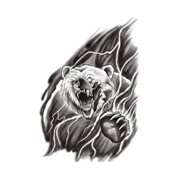 Roaring Bear breaking through the Mist in a Lightning Storm Tattoo Design by Tred85