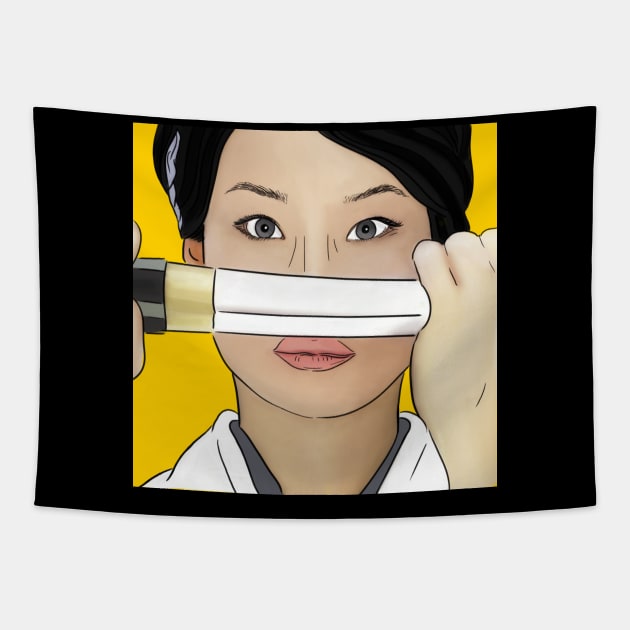 Lucy Liu on Kill Bill Tapestry by Sue Cranberry