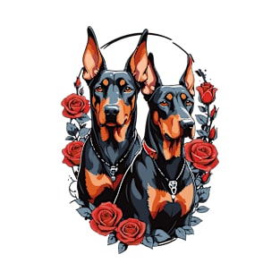 Elegant Doberman Duo with Roses Graphic T-Shirt