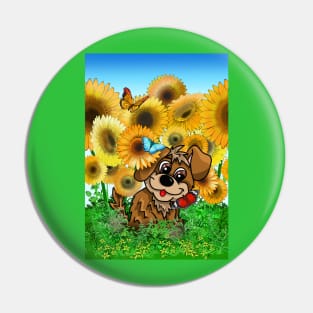 Cute puppy with butterflies in a sunflower field Pin