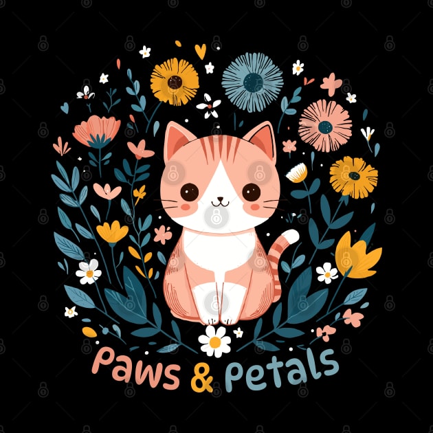 Paws and Petals | Cute smiley Kitty Cat in a Flower Garden | Cat lover design by Nora Liak