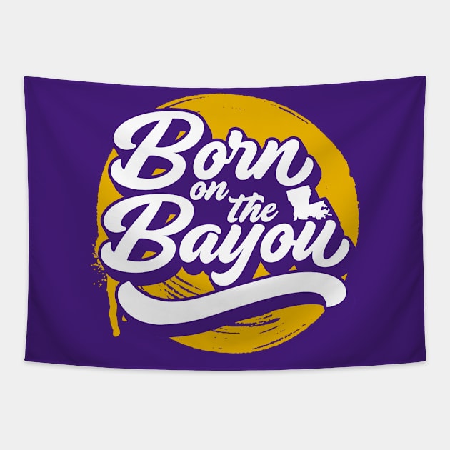 Retro Born on the Bayou Word Art Louisiana // Louisiana Proud Purple and Gold Tapestry by Now Boarding