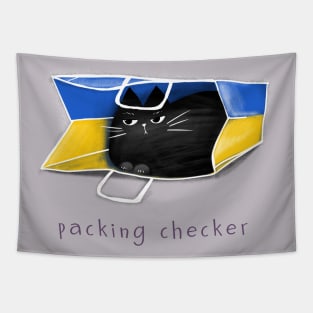 Cartoon black cat in the package and the inscription "Packing Checker". Tapestry