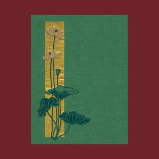 A vintage poetry book cover published in 1899, a minimalist design of pink water lilies on a green linen background, and a bar of hammered gold as an accent. T-Shirt