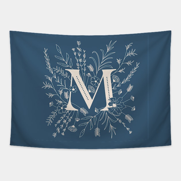 Botanical Letter M (Lake Blue) Tapestry by Cascade Patterns