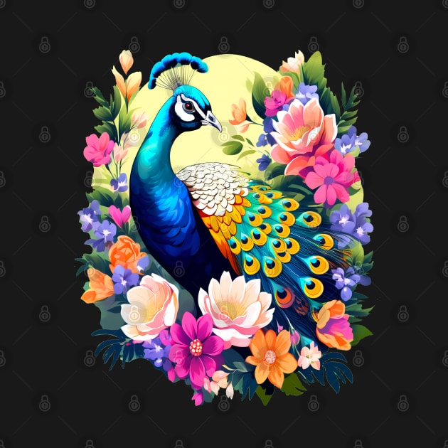 A Cute Peacock Surrounded by Bold Vibrant Spring Flowers by BirdsnStuff