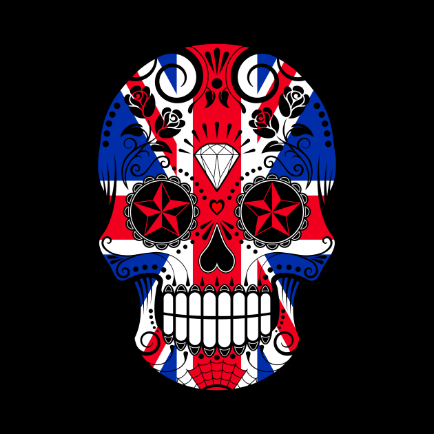 Union Jack British Flag Sugar Skull with Roses by jeffbartels