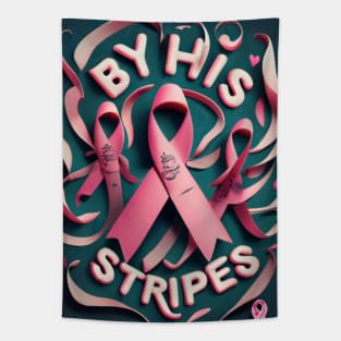 By His Stripes Pink Ribbons in Pink Cute Fonts Tapestry