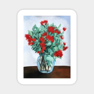 Red Native Flowers in Vase with Ice Blue Background Magnet