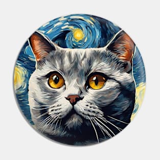 Adorable British Shorthair Cat Breed Painting in a Van Gogh Starry Night Art Style Pin