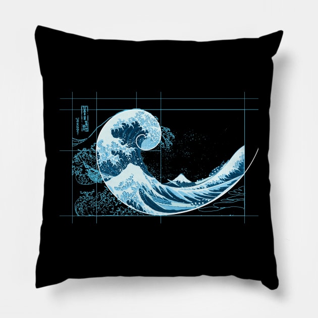 Hokusai Meets Fibonacci, Blue Pillow by cartogram