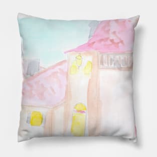 cityscape, antique, vintage, old, landscape, architecture, house, structure,, watercolor, painting, art, Pillow