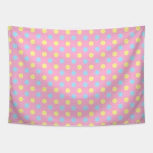 Pastel Blue and Yellow Polka Dots on Pink Background Pattern Tapestry