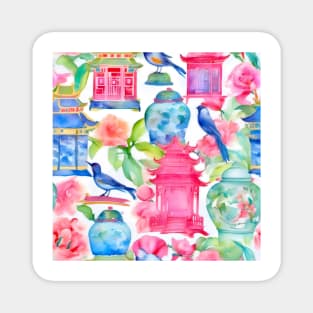 Pagodas, birds and chinoiserie jars in preppy colors Magnet