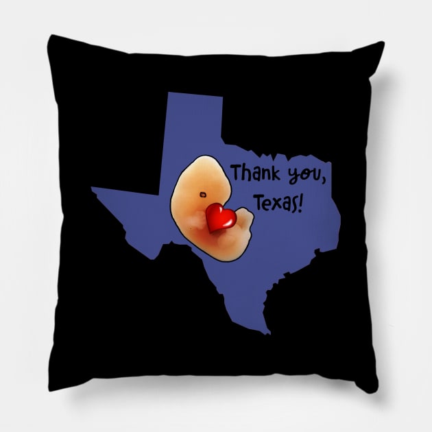 Thank you, Texas! Embryo hugging cartoon-style heart-shape inside Texas map. Pillow by Brasilia Catholic