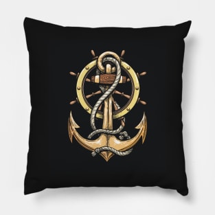 Ship Anchor and Steering Wheel drawn in Tattoo style. Pillow