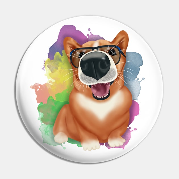 Corgi with sunglasses. Corgi lover. Multicolored watercolor stains Pin by KateQR