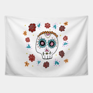 Sugar Skull and Roses white background Tapestry