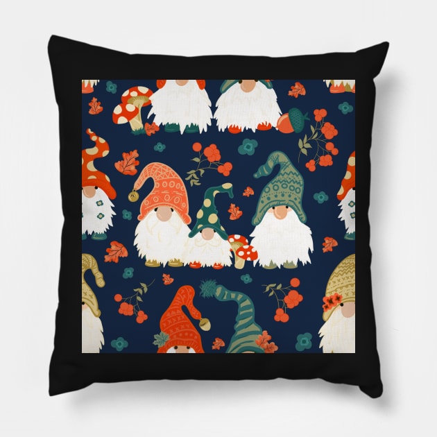 Autumn Gnomes with Long White Beards and Knitted Hats on Blue Background Pillow by NattyDesigns