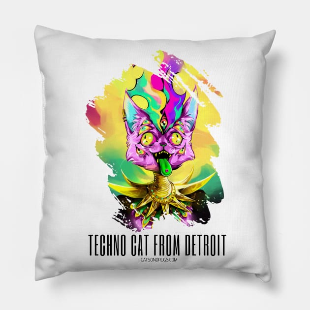 Techno cat from Detroit - My parties start on Sundays - Catsondrugs.com - rave, edm, festival, techno, trippy, music, 90s rave, psychedelic, party, trance, rave music, rave krispies, rave flyer Pillow by catsondrugs.com