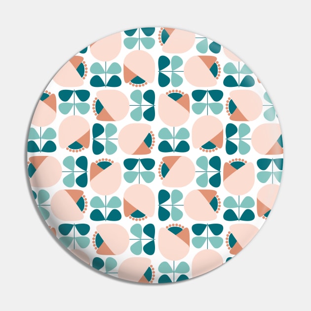 Retro Geometric Floral Pattern Teal, Peach, Dark Salmon Pin by tramasdesign