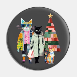 modern cat and family Christmas Pin