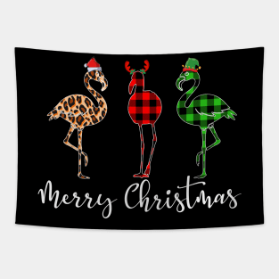 Merry Christmas Leopard Red Green Plaid Flamingo Tapestry