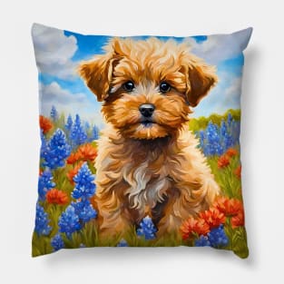 Yorkipoo Puppy in Texas Wildflower Field Pillow