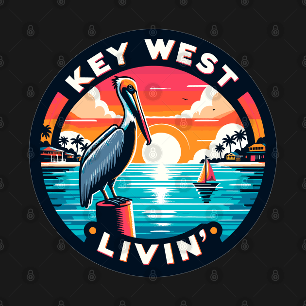 Key West Livin' - Tropical Pelican Scene In Key West by eighttwentythreetees