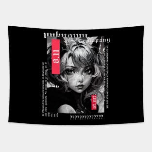 Short haired cat girl in black and white anime style | alternative gothic clothing | grunge | dark | japan Tapestry