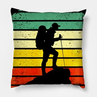 Hiking Hiker on Rock Retro Sunset Pillow