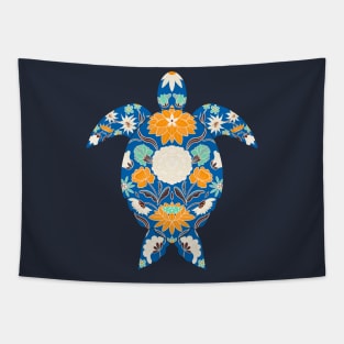 Blue and orange floral sea turtle Tapestry