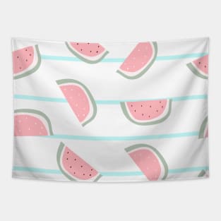 Pink watermelon slice with bones design on striped blue background seamless pattern wallpaper backdrop. Tapestry