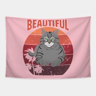 beautiful cat sitting at retro sunset Tapestry